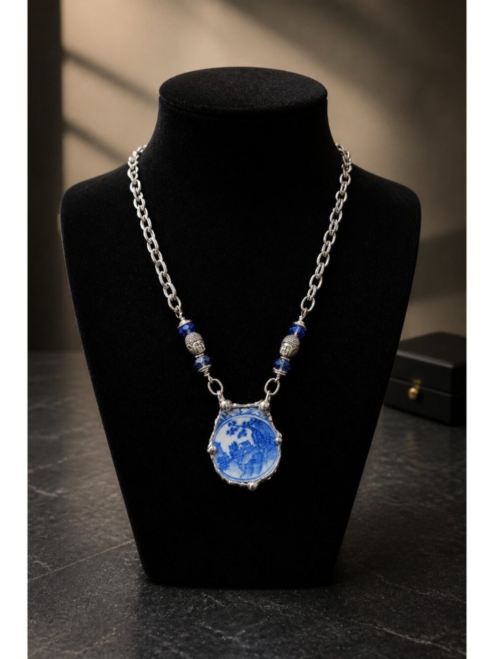 Vintage Japanese Porcelain Pendant Necklace | Blue & White China Shard | Buddha